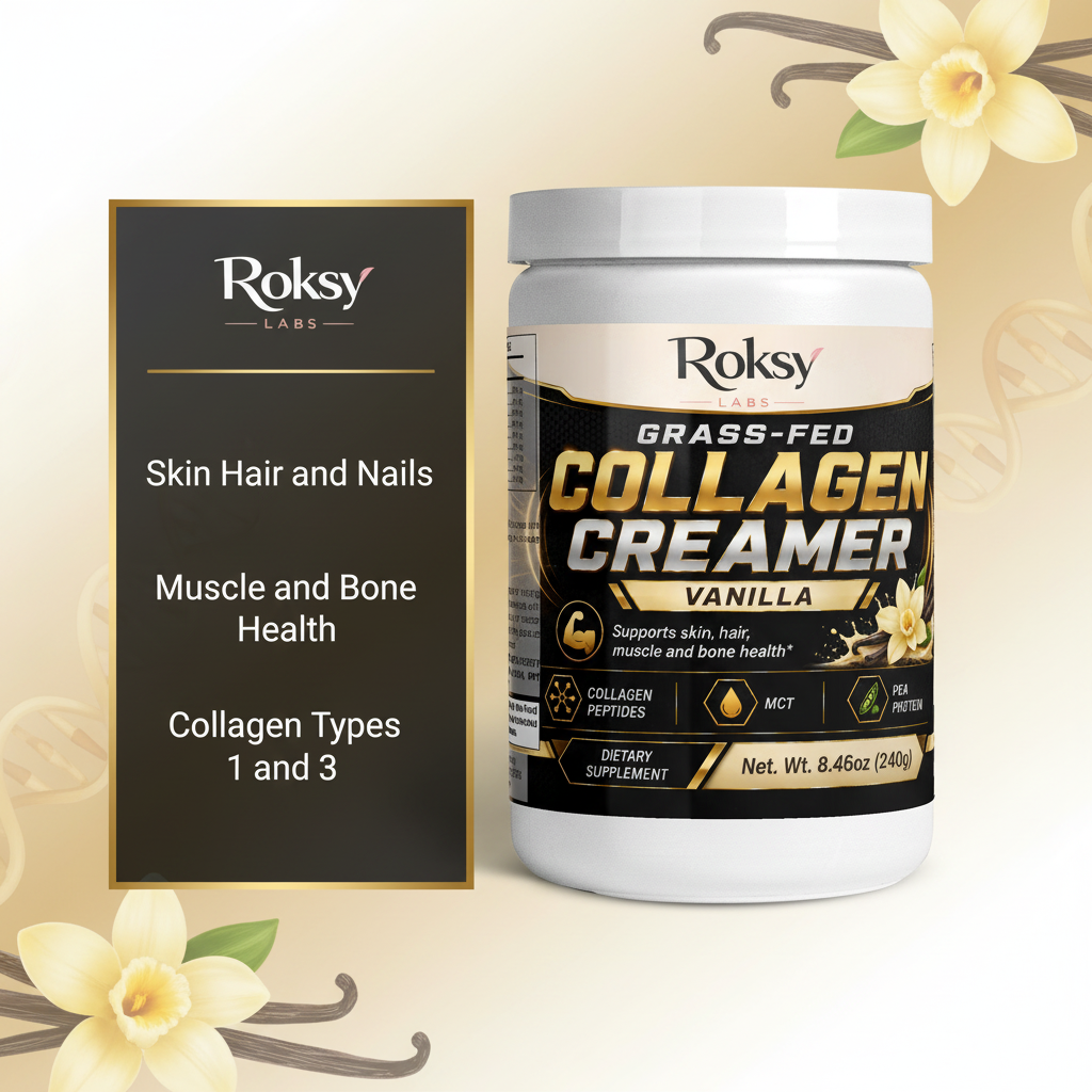 Roksy Grass-Fed Collagen Peptides Creamer Vanilla tub on warm cream and gold gradient background with clean gold-bordered panel listing 3 benefits: Skin Hair and Nails, Muscle and Bone Health, Collagen Types 1 and 3
