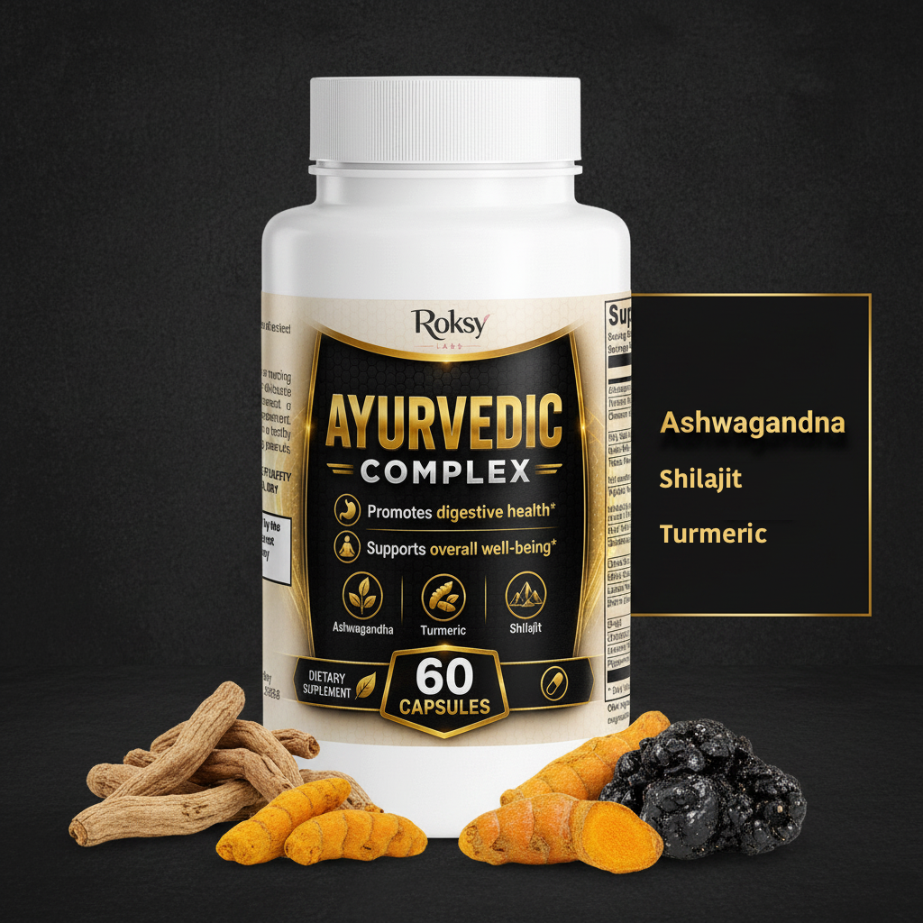 Roksy Ayurvedic Complex bottle surrounded by ashwagandha root, golden turmeric root and shilajit mineral resin with metallic gold text panel listing 3 key ingredients: Ashwagandha, Turmeric, Shilajit