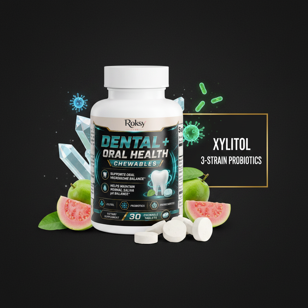 Roksy Dental+ Oral Health Chewables bottle surrounded by xylitol crystals, guava fruit and probiotic bacteria with clean gold-bordered panel listing 3 key ingredients: Xylitol, 3-Strain Probiotics, Hydroxyapatite