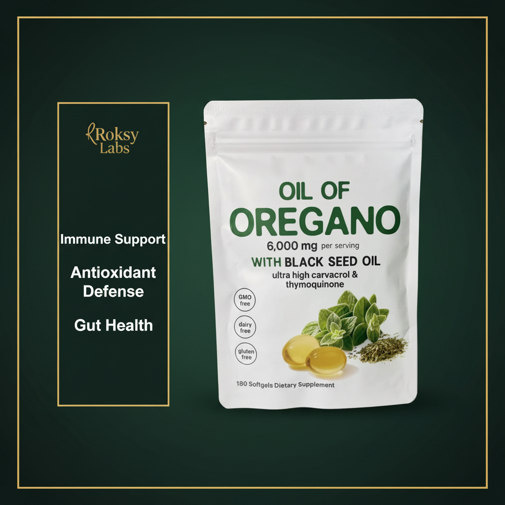 Roksy Oil of Oregano with Black Seed Oil pouch on deep forest green gradient background with clean gold-bordered panel listing 3 benefits: Immune Support, Antioxidant Defense, Gut Health