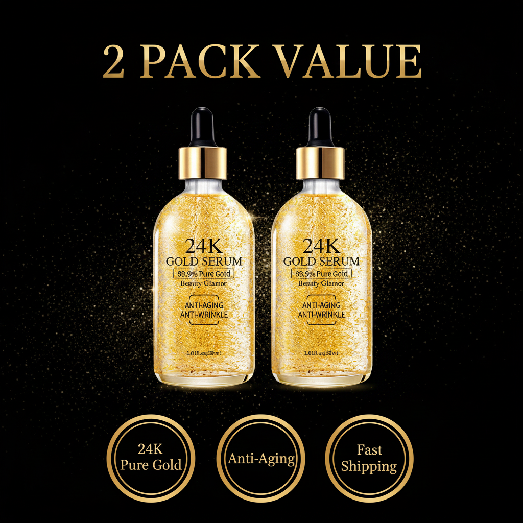 Two Beauty Glamor 24K Gold Serum bottles side by side on black background with metallic gold text 2 Pack Value and three round badge seals: 24K Pure Gold, Anti-Aging, Fast Shipping