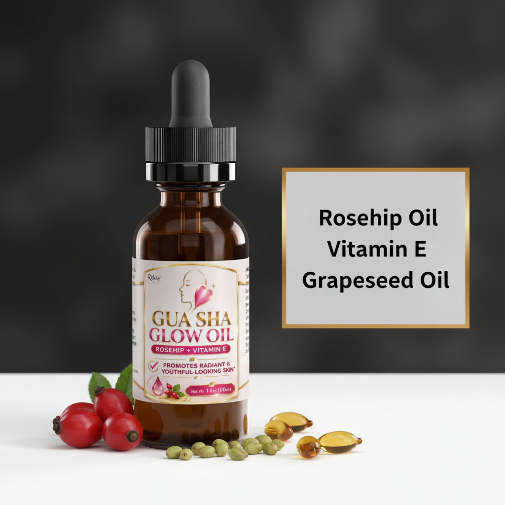 Roksy Gua Sha Glow Oil bottle surrounded by rosehip berries, grapeseed and vitamin E with clean gold-bordered panel listing 3 key ingredients: Rosehip Oil, Vitamin E, Grapeseed Oil