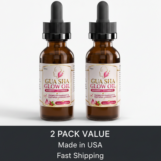 Two Roksy Gua Sha Glow Oil amber dropper bottles side by side showing 2 Pack value with dark banner reading 2 Pack Value, Made in USA, Fast Shipping