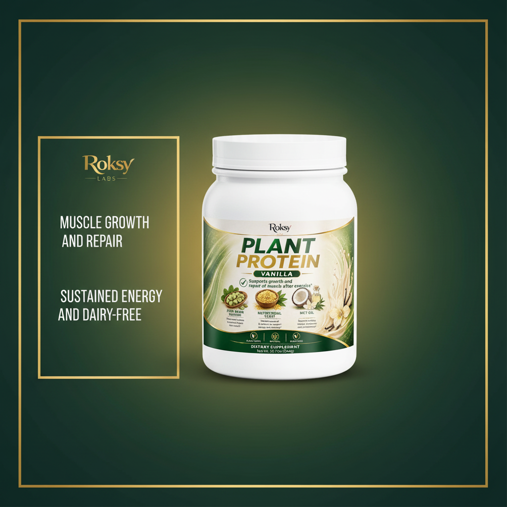 Roksy Plant Protein Powder Vanilla tub on deep forest green and gold gradient background with clean gold-bordered panel listing 3 benefits: Muscle Growth and Repair, Sustained Energy, Plant-Based and Dairy-Free