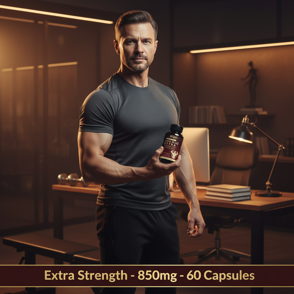 Confident athletic man holding Googeer Man Plus Extra Strength 8050mg bottle in a modern setting, lifestyle image showing men's supplement for reproductive health performance and blood flow