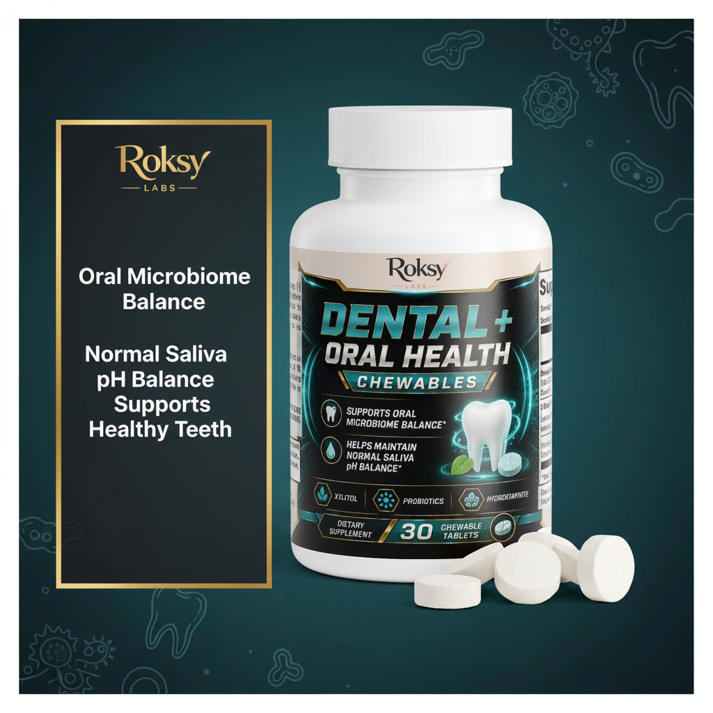 Roksy Dental+ Oral Health Chewables bottle on deep teal gradient background with clean gold-bordered panel listing 3 benefits: Oral Microbiome Balance, Normal Saliva pH Balance, Supports Healthy Teeth