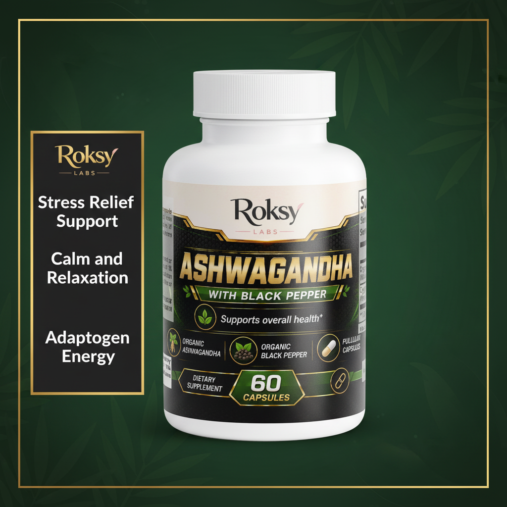 Roksy Ashwagandha with Black Pepper bottle on deep forest green and gold gradient background with clean gold-bordered panel listing 3 benefits: Stress Relief Support, Calm and Relaxation, Adaptogen Energy