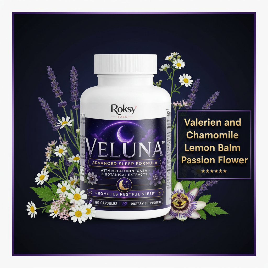 Roksy Veluna Advanced Sleep Formula bottle surrounded by valerian root, chamomile flowers and passion flower with metallic gold text panel listing 3 key ingredients: Valerian and Chamomile, Lemon Balm, Passion Flower