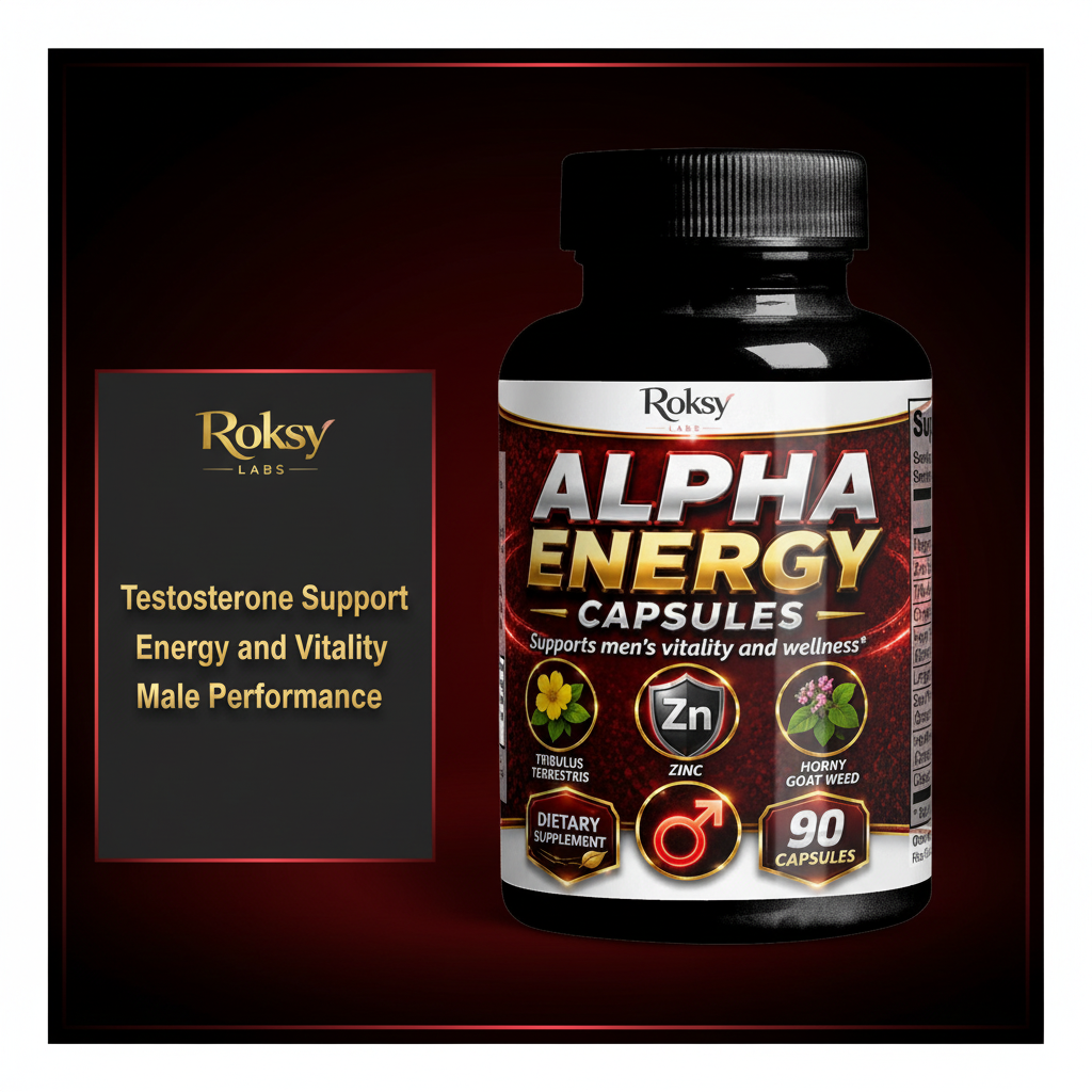 Roksy Alpha Energy Capsules dark bottle on deep dark red and black gradient background with metallic gold text panel listing 3 benefits: Testosterone Support, Energy and Vitality, Male Performance