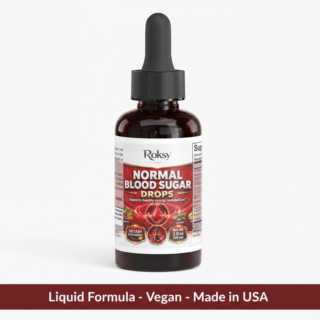 Roksy Normal Blood Sugar Drops bottle on clean light background with dark red banner reading Liquid Formula, Vegan, Made in USA