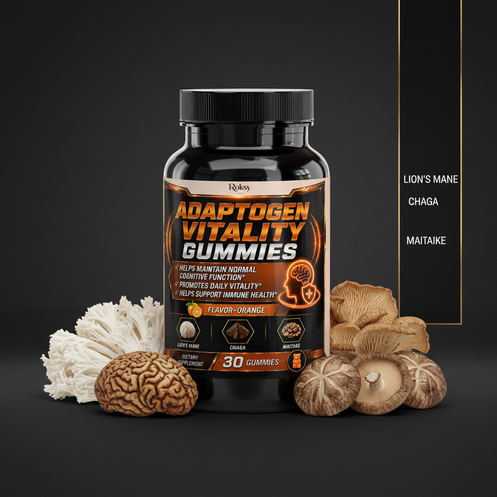 Roksy Adaptogen Vitality Gummies bottle surrounded by lion's mane, chaga, shiitake and maitake mushrooms with clean gold-bordered panel listing 3 key ingredients: Lion's Mane, Chaga, Maitake