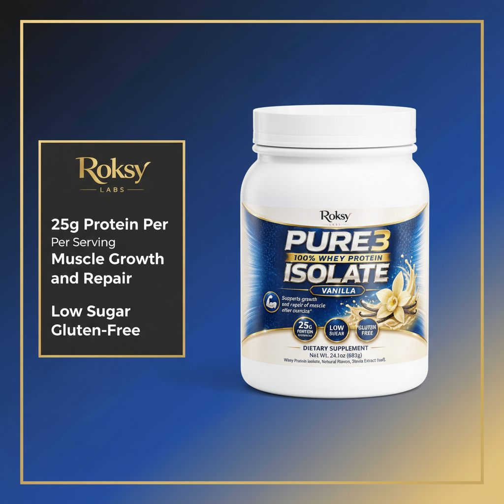 Roksy Pure3 100% Whey Protein Isolate Vanilla tub on deep royal blue and gold gradient background with clean gold-bordered panel listing 3 benefits: 25g Protein Per Serving, Muscle Growth and Repair, Low Sugar Gluten-Free