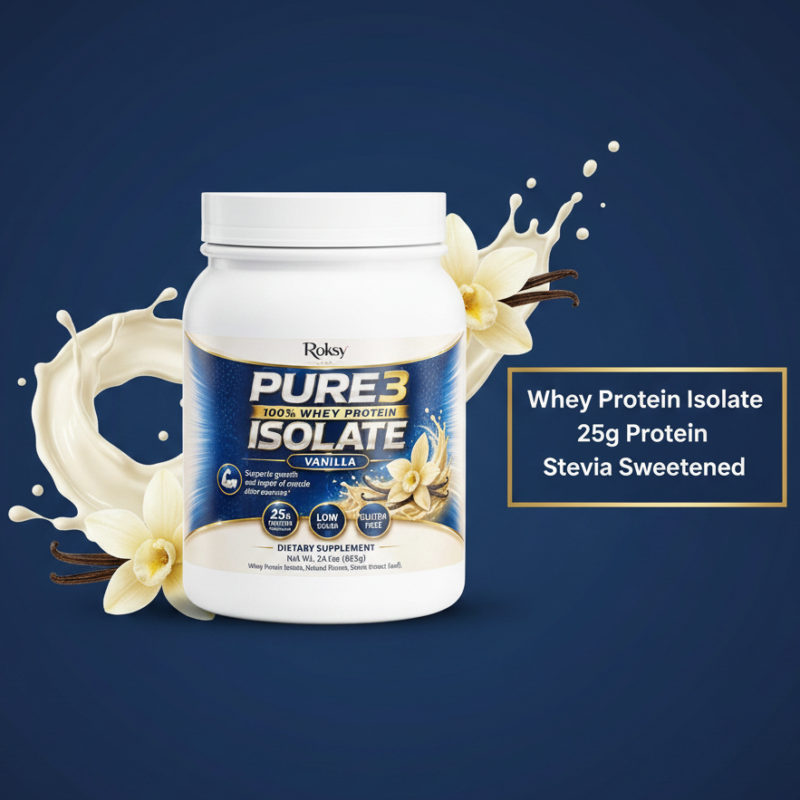 Roksy Pure3 100% Whey Protein Isolate Vanilla tub surrounded by vanilla flowers and whey protein splash with clean gold-bordered panel listing 3 key ingredients: Whey Protein Isolate, 25g Protein, Stevia Sweetened
