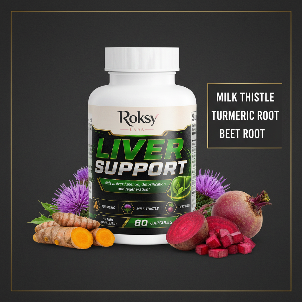 Roksy Liver Support bottle surrounded by milk thistle flowers, turmeric root and beet root with clean gold-bordered panel listing 3 key ingredients: Milk Thistle, Turmeric Root, Beet Root