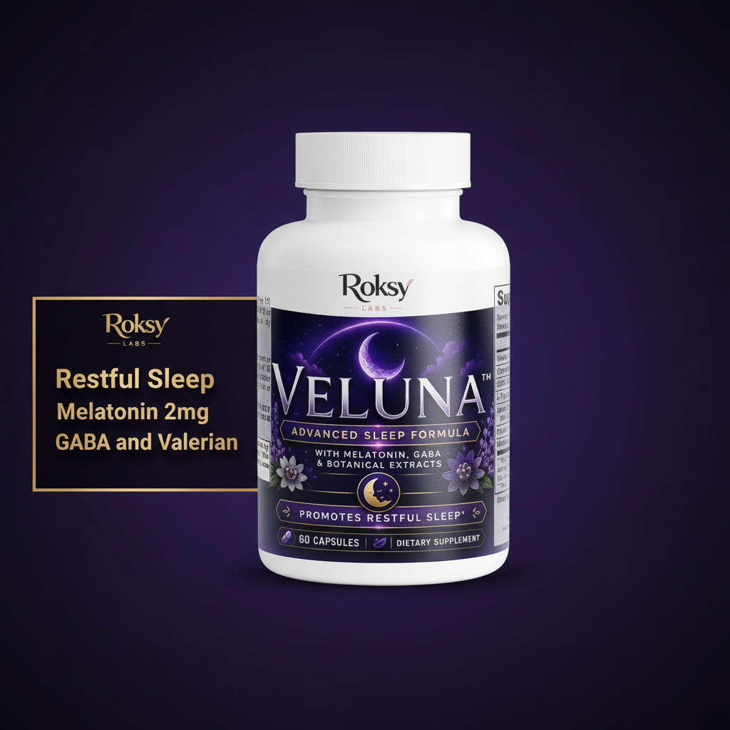 Roksy Veluna Advanced Sleep Formula bottle on deep dark purple and midnight blue gradient background with metallic gold text panel listing 3 benefits: Restful Sleep, Melatonin 2mg, GABA and Valerian