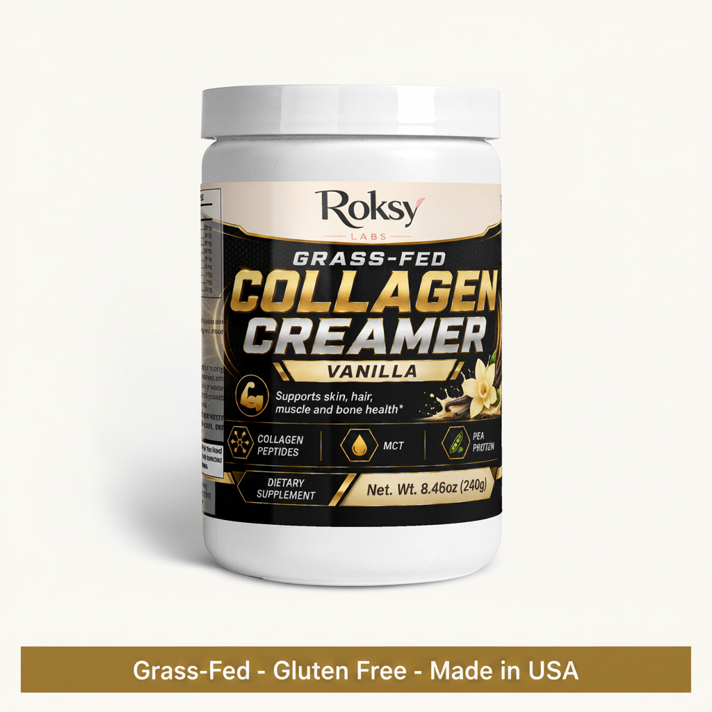 Roksy Grass-Fed Collagen Peptides Creamer Vanilla tub on clean cream background with dark gold banner reading Grass-Fed, Gluten Free, Made in USA