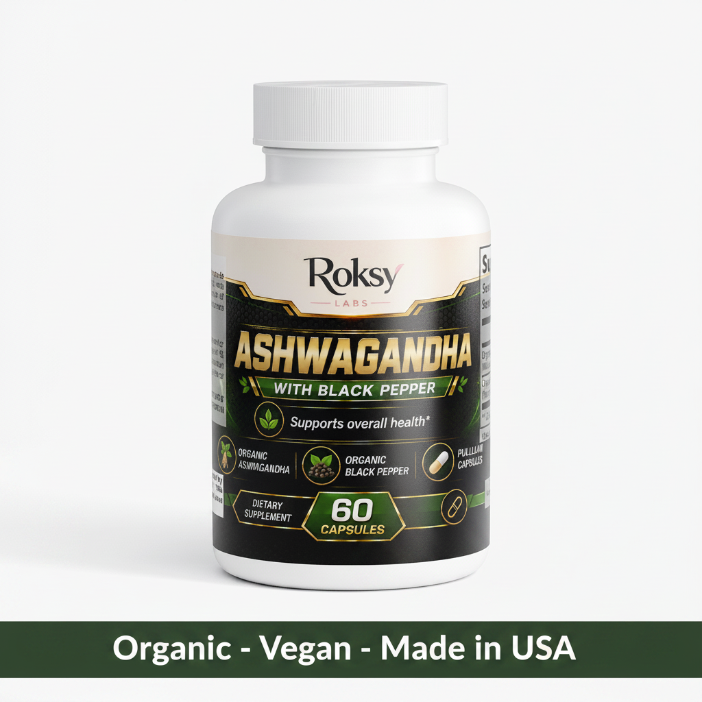 Roksy Ashwagandha with Black Pepper bottle on clean light background with dark green banner reading Organic, Vegan, Made in USA