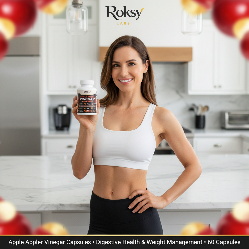 Healthy radiant woman holding Roksy Apple Cider Vinegar Capsules bottle in a modern kitchen, warm red and gold brand tones, gold-bordered banner reading Apple Cider Vinegar Capsules · Digestive Health and Weight Management · 60 Capsules