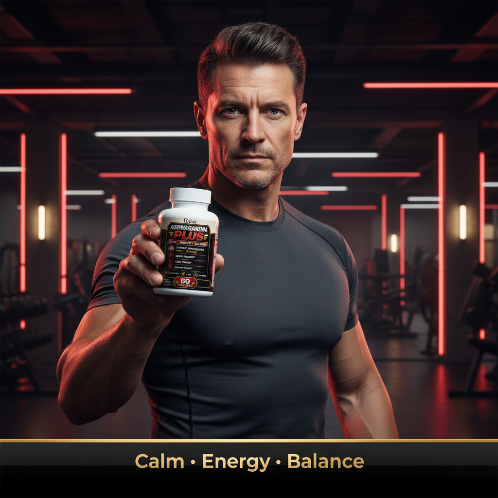 Confident energetic man holding Roksy Ashwagandha Plus bottle in a modern gym setting with dramatic lighting, lifestyle image showing best ashwagandha supplement for stress relief energy and mental focus