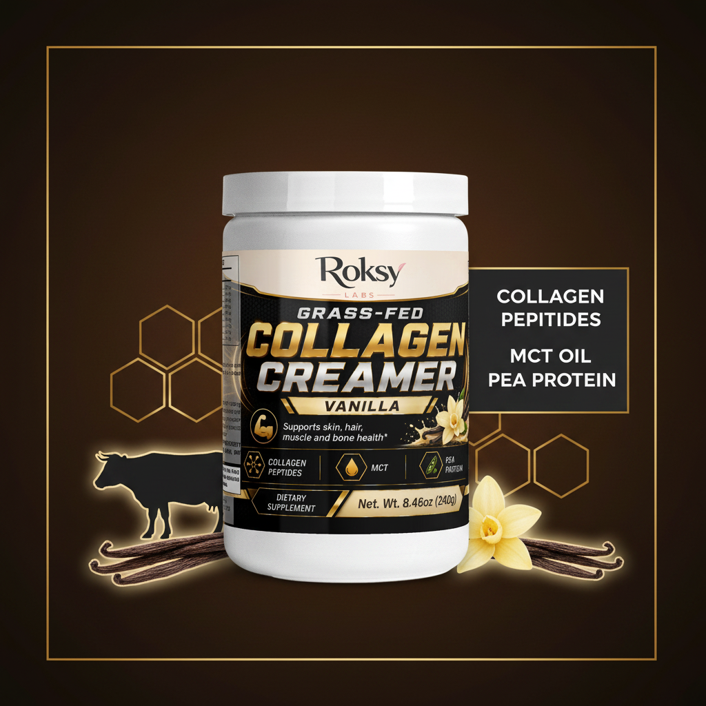 Roksy Grass-Fed Collagen Peptides Creamer Vanilla tub surrounded by vanilla beans and grass-fed collagen graphics with clean gold-bordered panel listing 3 key ingredients: Collagen Peptides, MCT Oil, Pea Protein