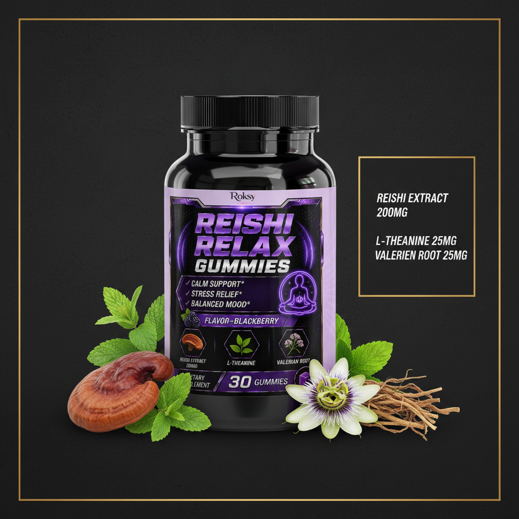 Roksy Reishi Relax Gummies bottle surrounded by reishi mushroom, lemon balm, passion flower and valerian root with clean gold-bordered panel listing 3 key ingredients: Reishi Extract 200mg, L-Theanine 25mg, Valerian Root 25mg
