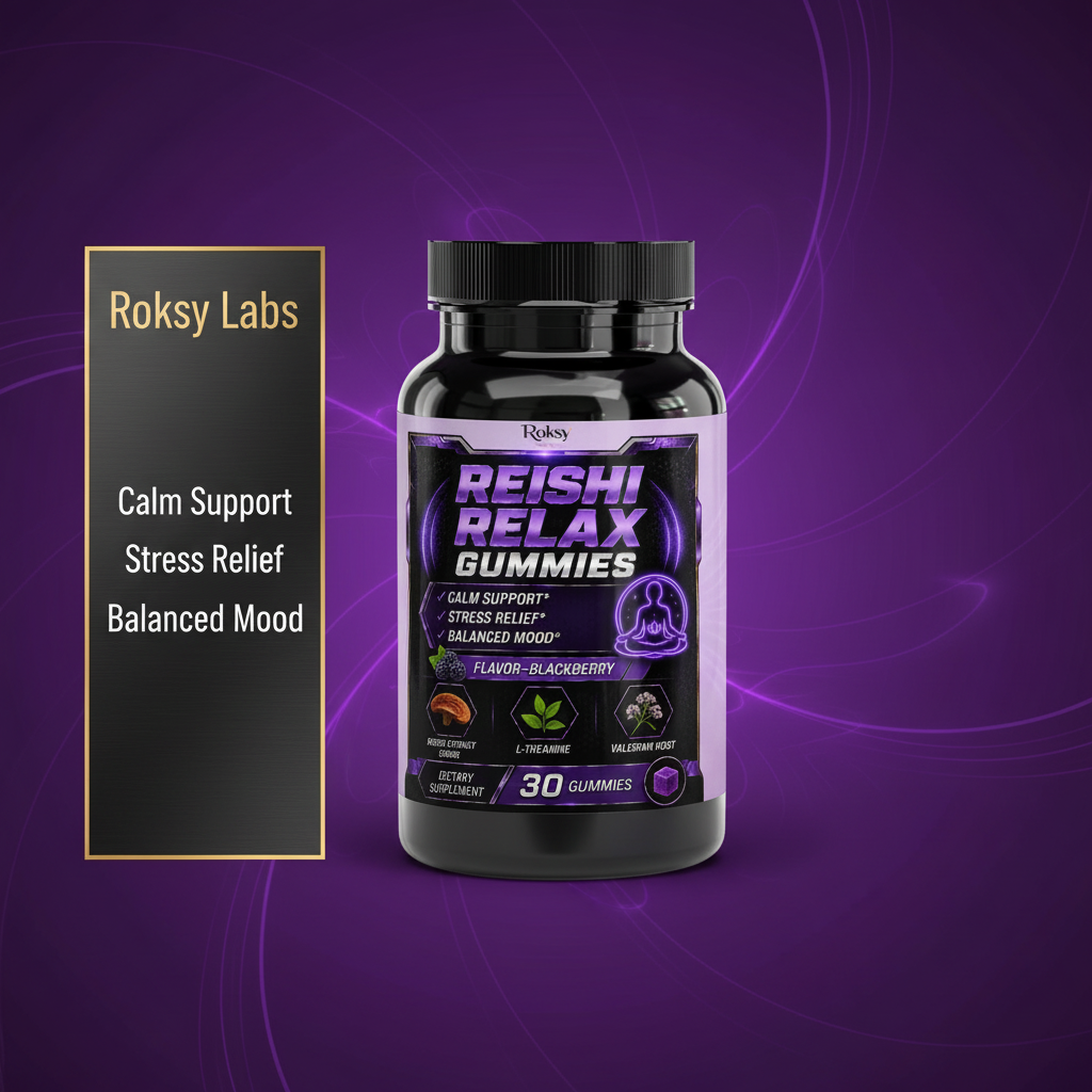 Roksy Reishi Relax Gummies bottle on deep purple gradient background with clean gold-bordered panel listing 3 benefits: Calm Support, Stress Relief, Balanced Mood