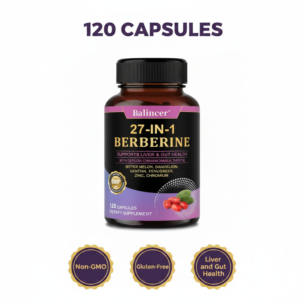 Balincer 27-IN-1 Berberine bottle on clean white background with bold text 120 Capsules and three round badge seals: Non-GMO, Gluten-Free, Liver and Gut Health
