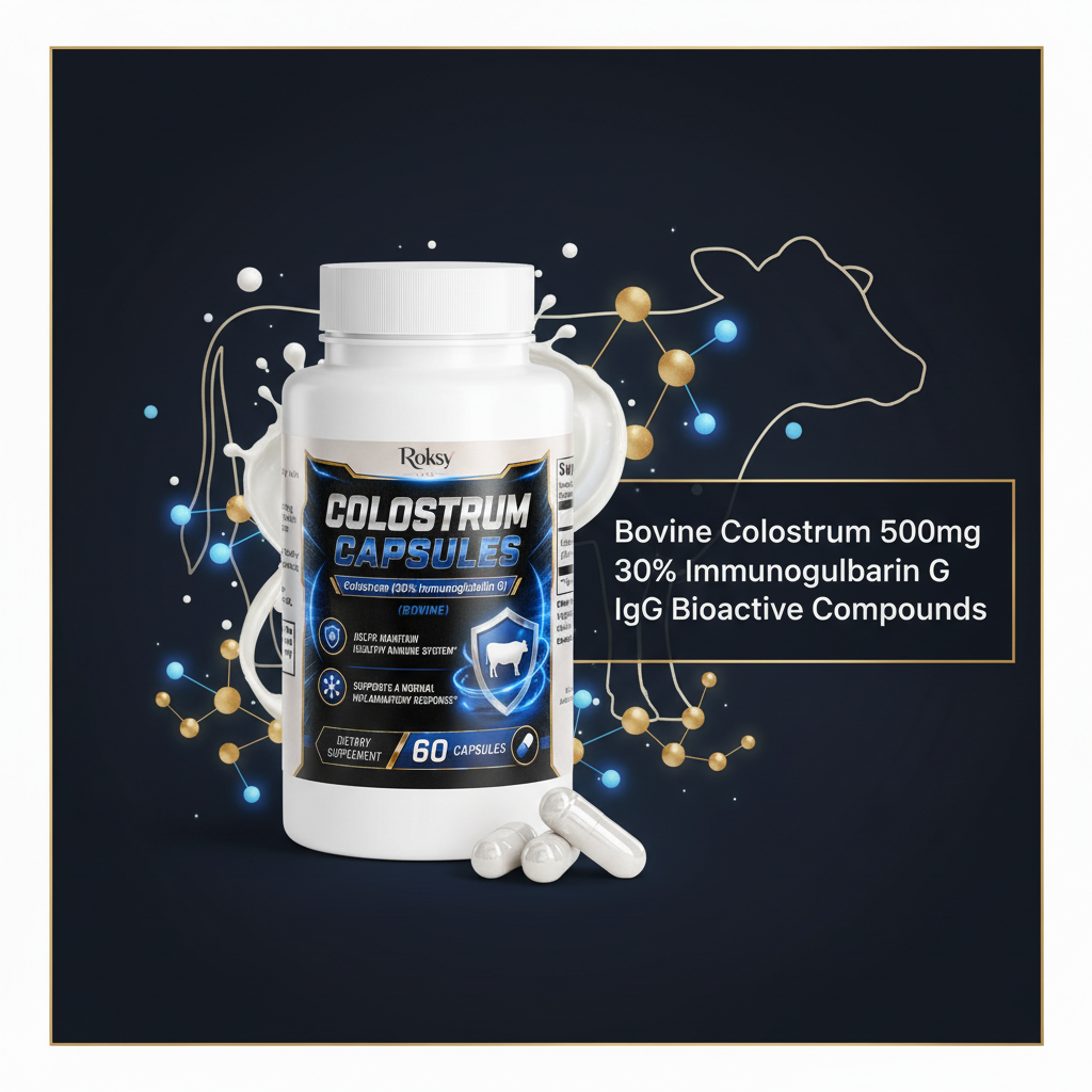 Roksy Bovine Colostrum Capsules bottle with cow silhouette and immunoglobulin molecular graphics, clean gold-bordered panel listing 3 key ingredients: Bovine Colostrum 500mg, 30% Immunoglobulin G, IgG Bioactive Compounds