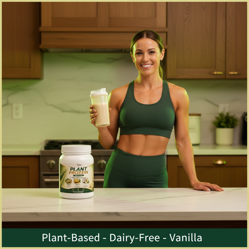 Fit athletic woman holding a shaker bottle next to Roksy Plant Protein Powder Vanilla tub in a modern kitchen, lifestyle image showing best vegan plant-based protein powder for muscle growth and recovery