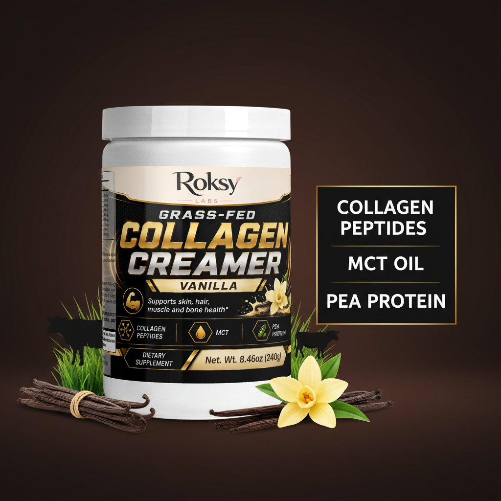 Roksy Grass-Fed Collagen Peptides Creamer Vanilla tub surrounded by vanilla beans and grass-fed bovine graphics with clean gold-bordered panel listing 3 key ingredients: Collagen Peptides, MCT Oil, Pea Protein