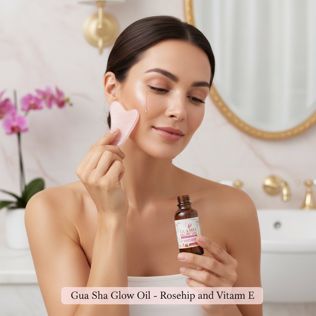 Beautiful woman with glowing radiant skin applying Roksy Gua Sha Glow Oil with a rose quartz gua sha stone in an elegant bathroom, lifestyle image showing best face oil for gua sha massage
