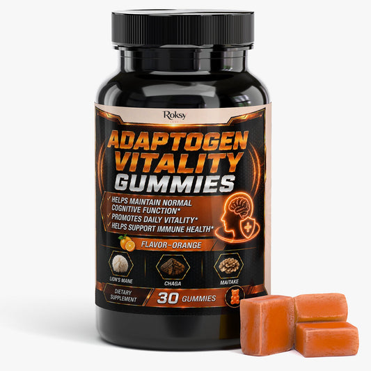 Roksy Adaptogen Vitality Gummies in orange flavor with lion's mane mushroom supplements for cognitive health
