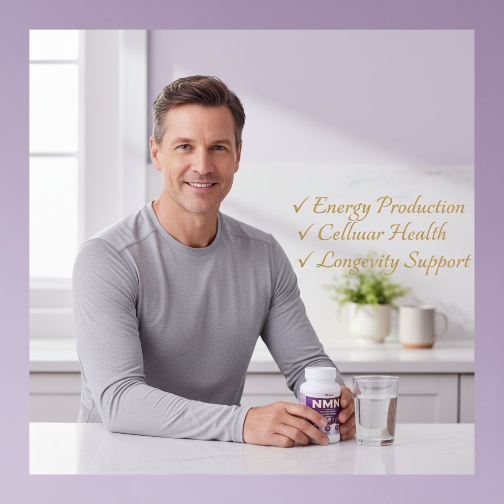 Hombre saludable en su rutina matutina junto al suplemento Roksy NMN 30 Capsules con un vaso de agua, fondo lavanda con beneficios en texto dorado: Energy Production, Cellular Health, Longevity Support