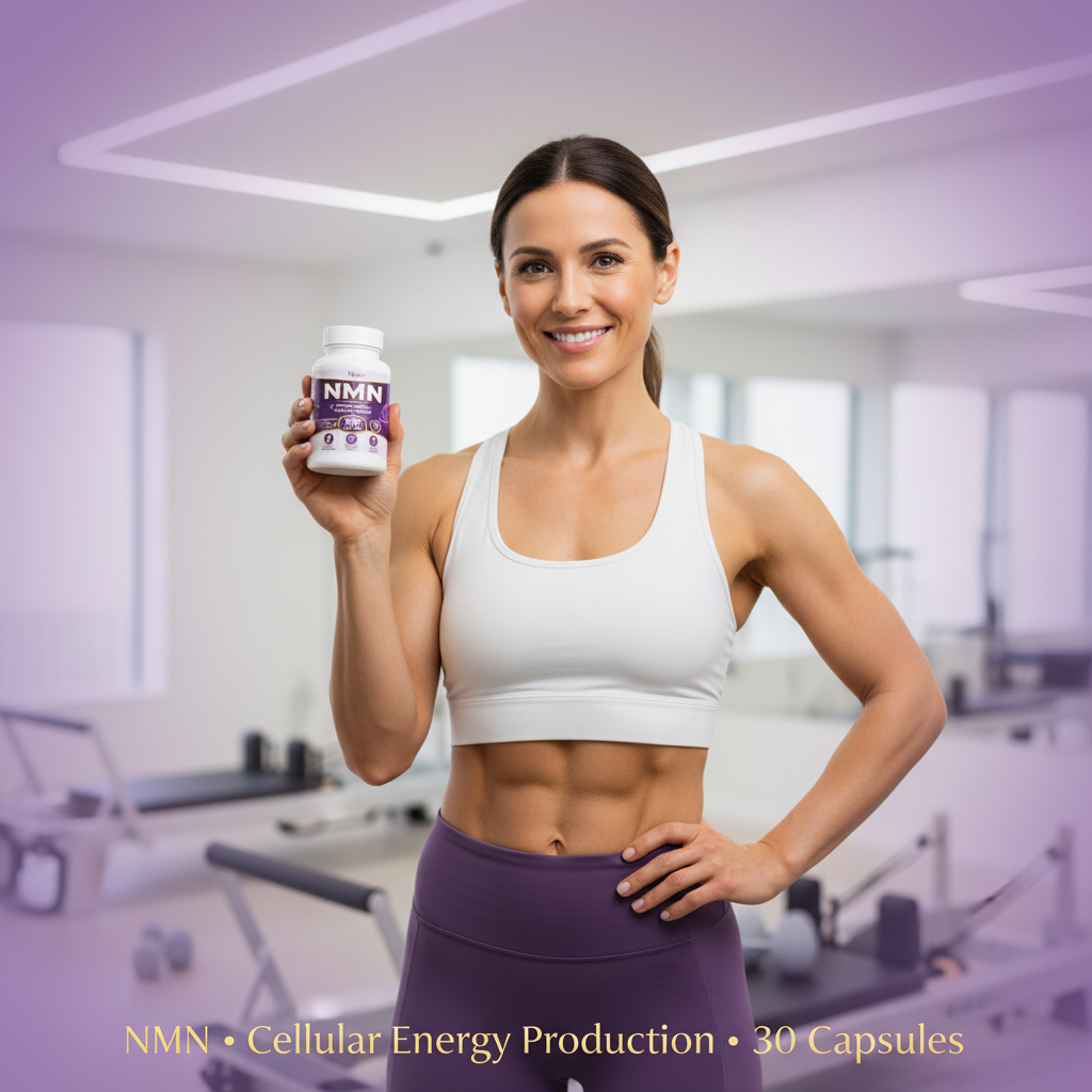 Mujer activa sosteniendo el suplemento Roksy NMN 30 Capsules en un gimnasio moderno, con fondo en tonos morados y texto dorado que dice NMN · Cellular Energy Production · 30 Capsules