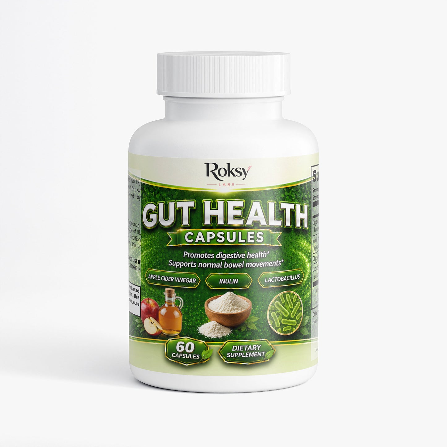 Roksy Gut Health capsules promote digestive health and support normal bowel movements with probiotics
