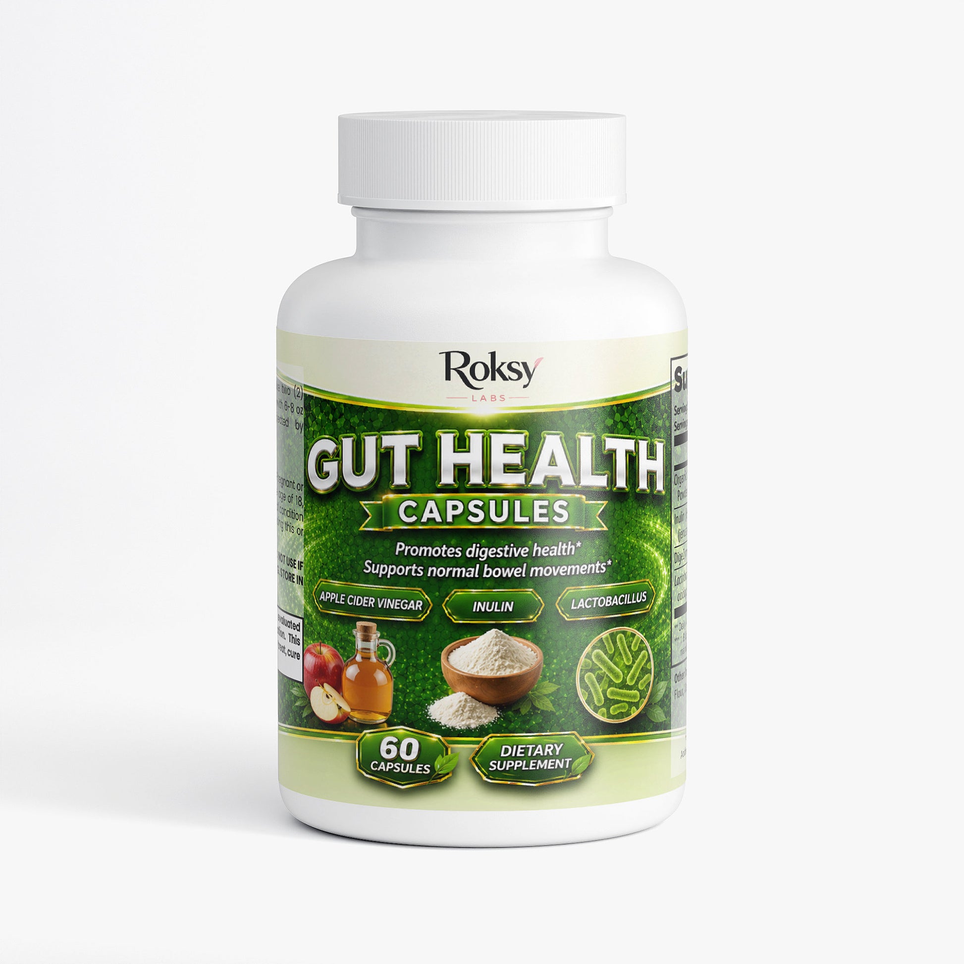 Roksy Gut Health capsules promote digestive health and support normal bowel movements with probiotics