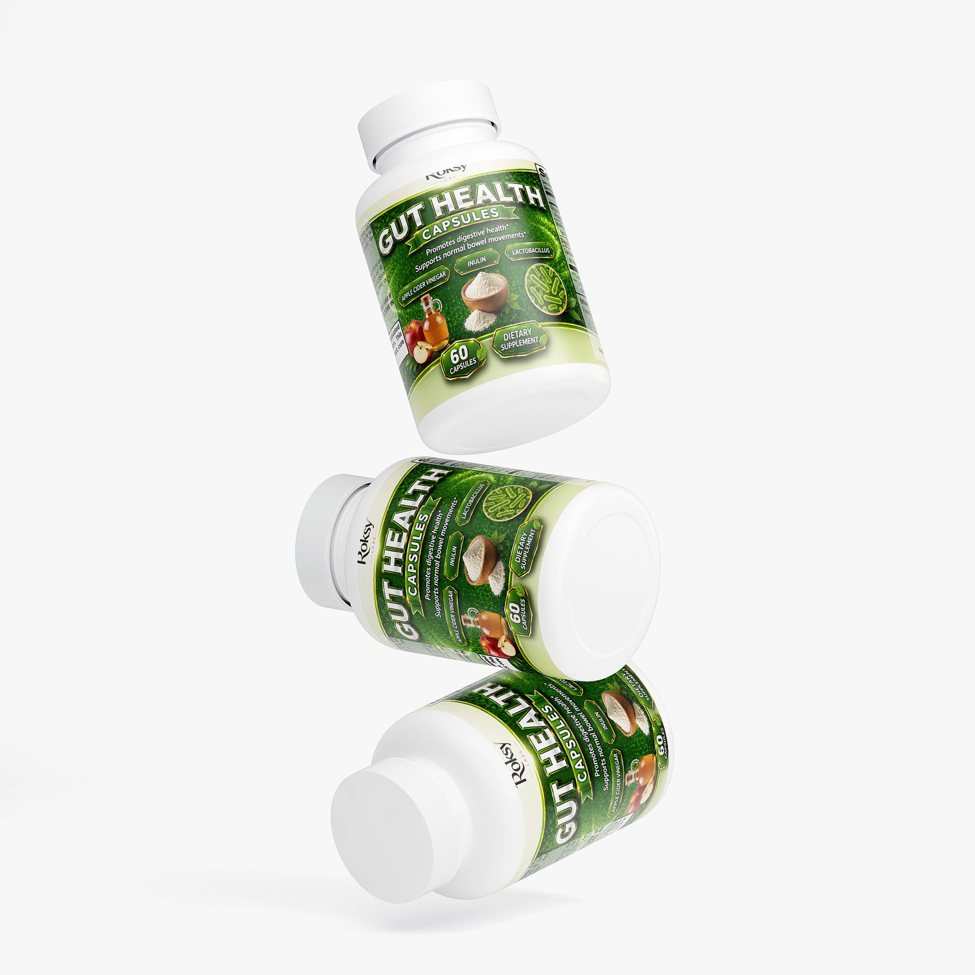 Roksy Gut Health and Probiotics Capsules for digestive support with 60 easy-to-swallow capsules
