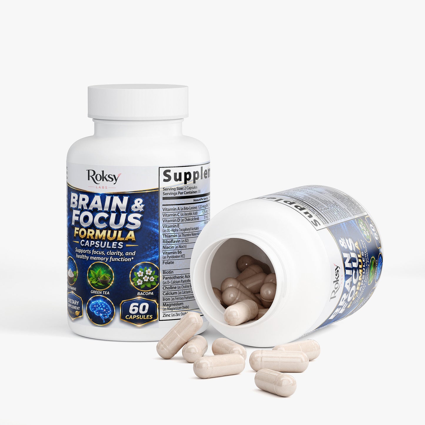 Roksy Brain and Focus Formula Supplement with 60 capsules for enhanced cognitive performance and clarity