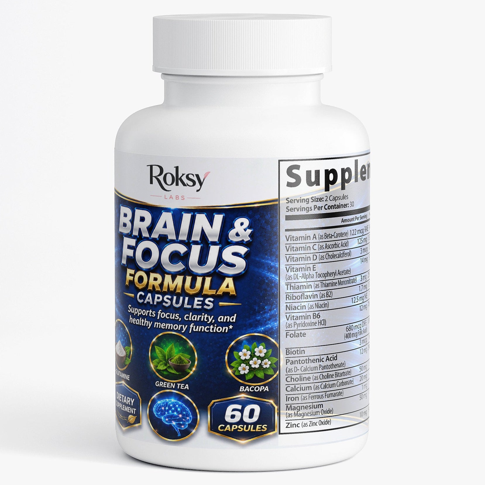 Roksy Brain and Focus Formula Capsules for enhanced clarity, support, and cognitive function with 60 capsules
