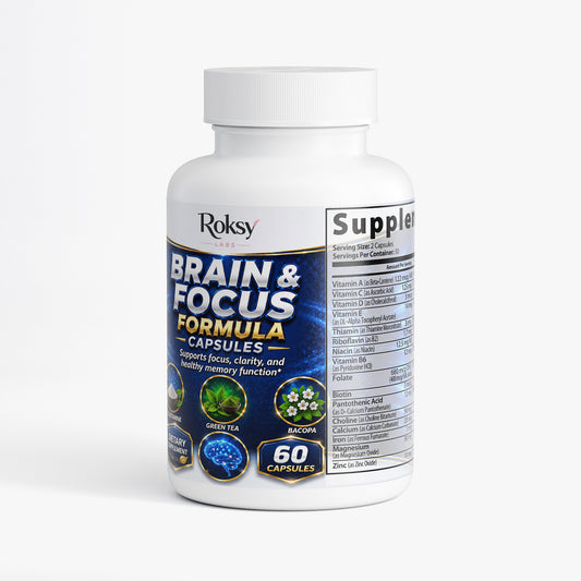 Roksy Brain and Focus Formula Capsules for enhanced clarity, support, and cognitive function with 60 capsules