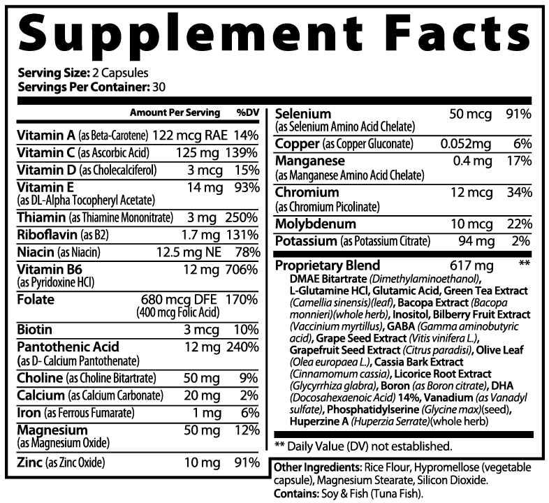 Roksy Brain & Cognitive Supplement Facts Label with Nutritional Information for Healthy Brain Support