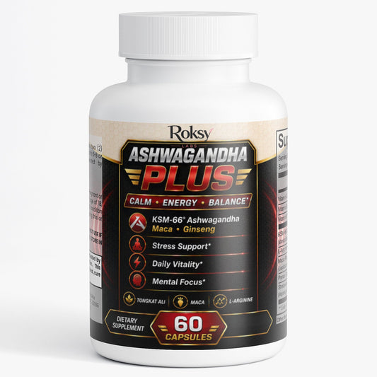 Roksy Ashwagandha Plus 60 capsules for calm, energy, and mental focus with ashwagandha withania