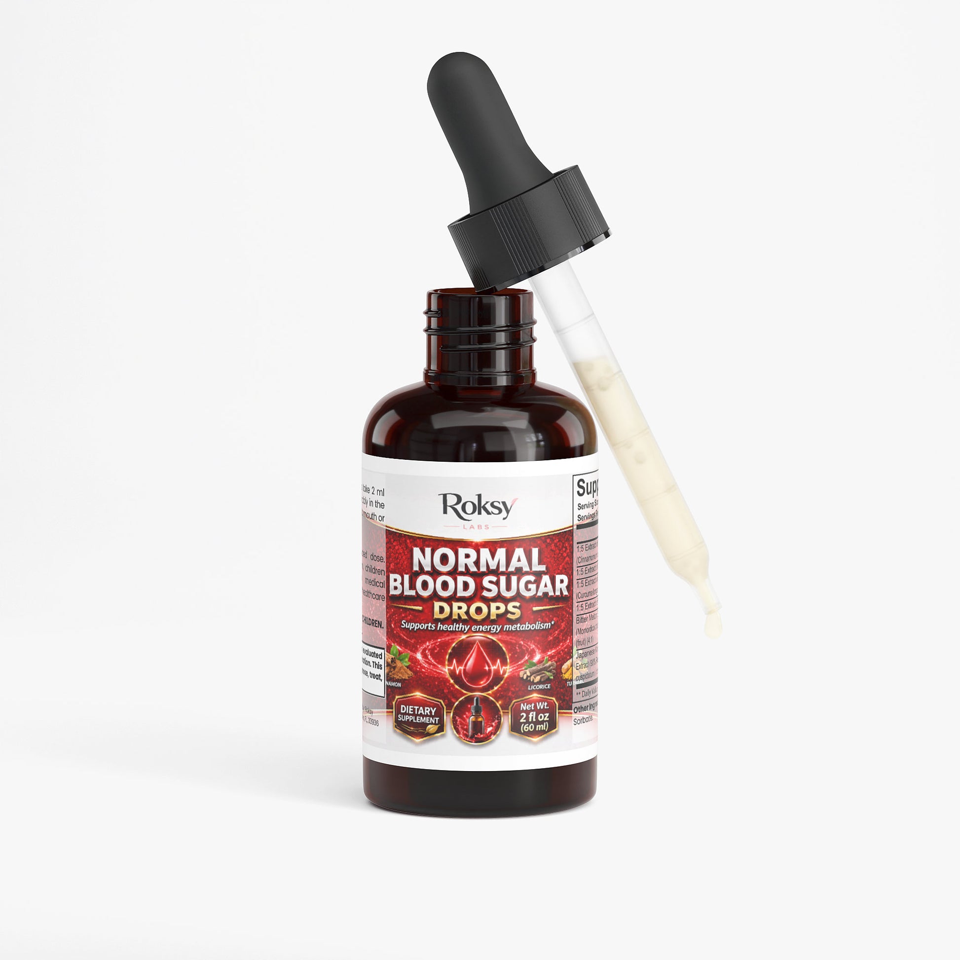 Roksy Normal Blood Sugar Drops in a brown bottle, designed to support blood glucose sugar level management