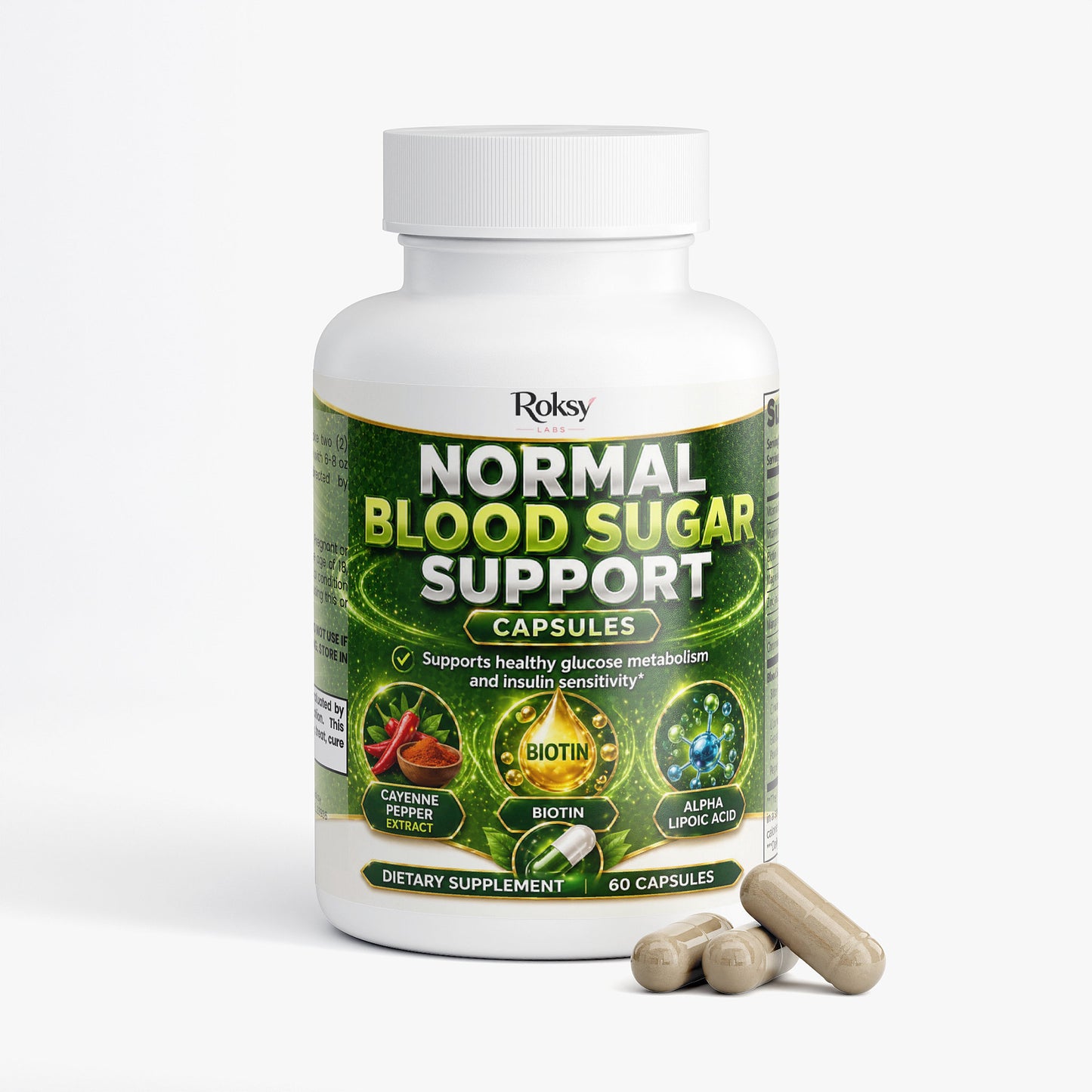 Roksy Normal Blood Sugar Support Capsules for maintaining healthy blood glucose sugar level, 60 capsules per bottle