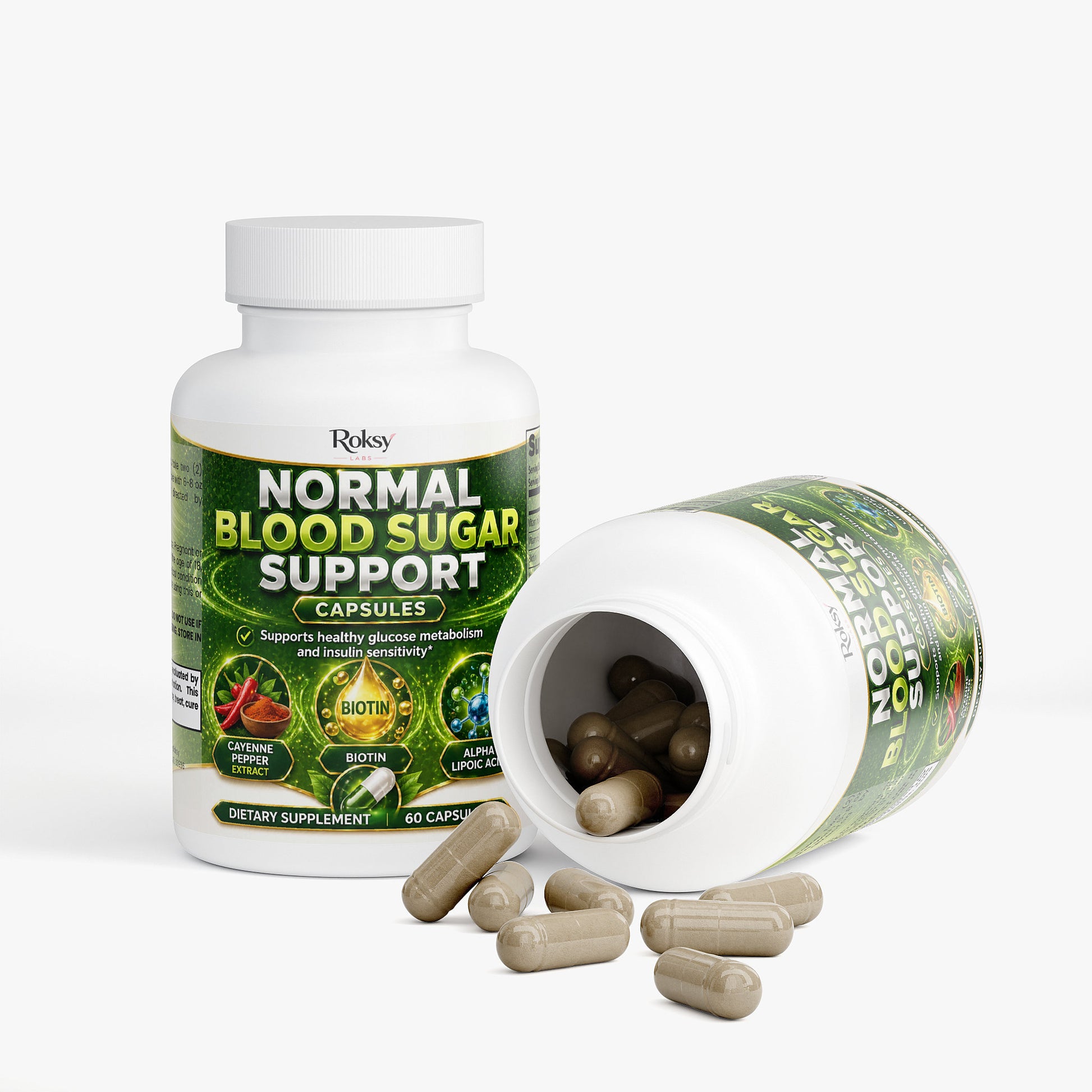 Roksy Normal Blood Sugar Support Capsules for healthy blood glucose sugar level management in 60 count bottle