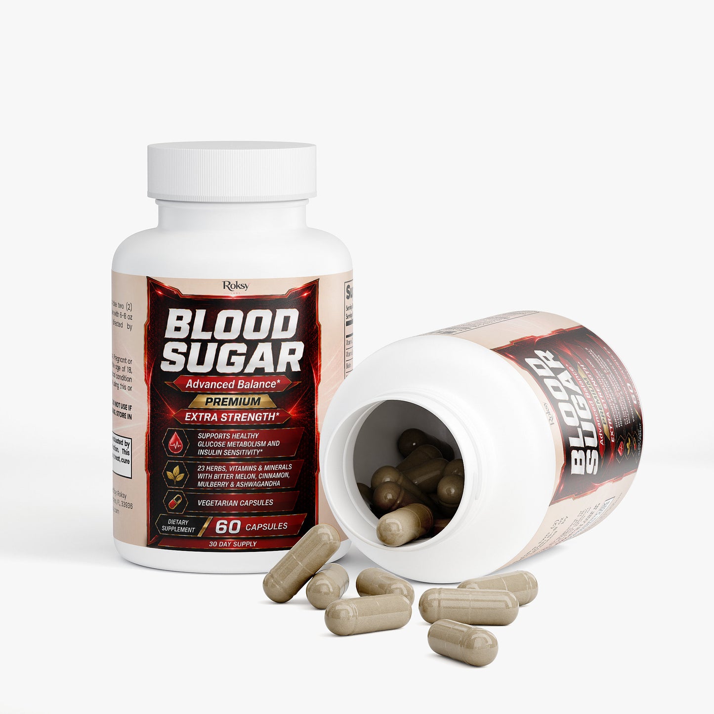 Roksy Blood Sugar Extra Strength capsules in 60-count bottle designed to support blood glucose sugar level
