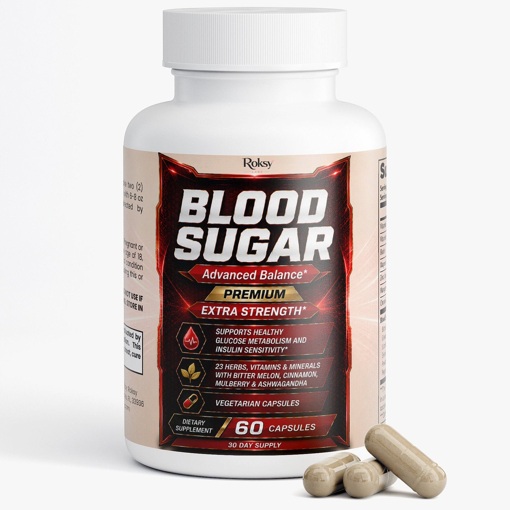 Roksy Blood Sugar Advanced Balance 60 vegetarian capsules, supports healthy blood glucose sugar level management