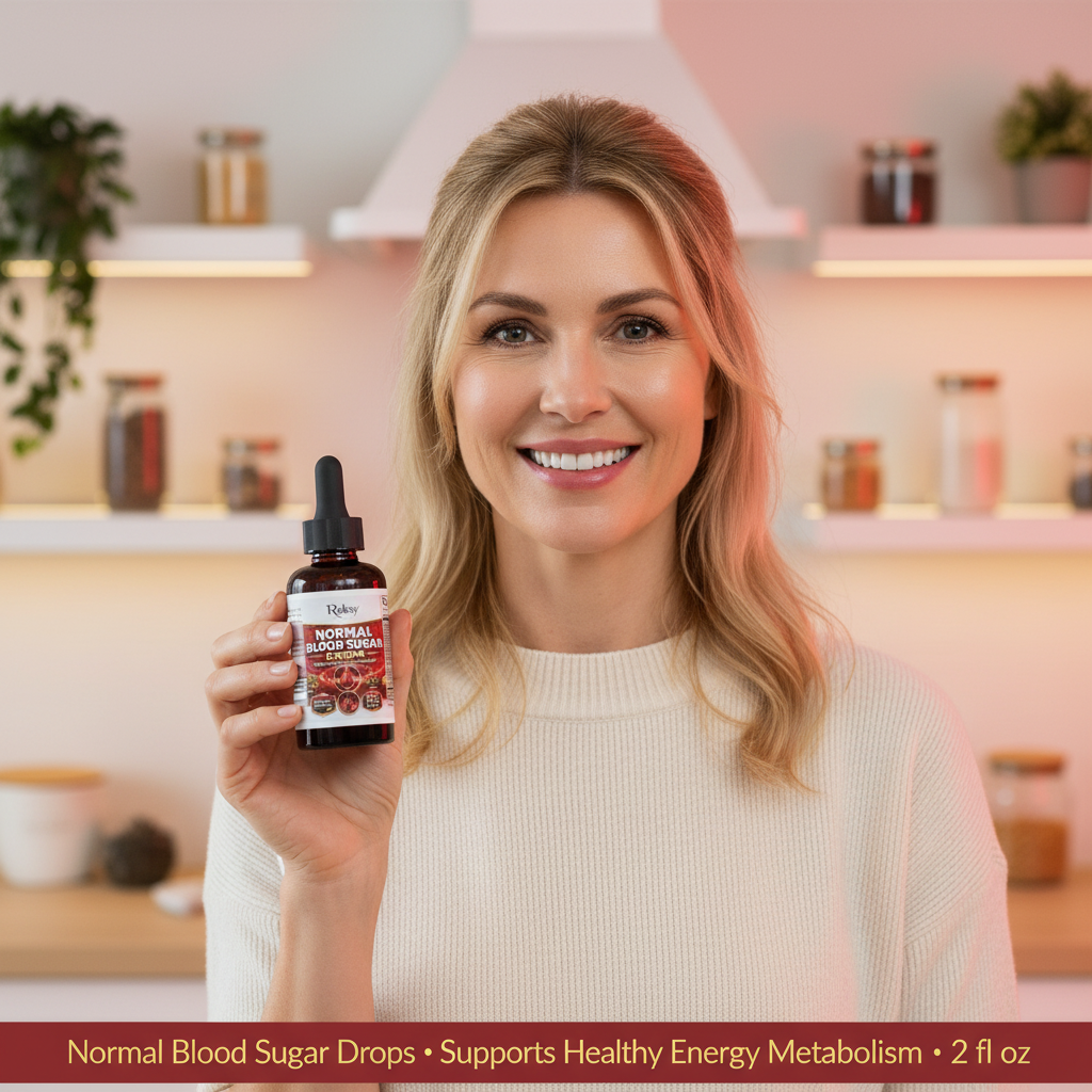 Healthy woman in her 40s smiling and holding Roksy Normal Blood Sugar Drops bottle in a modern kitchen, warm red and gold brand tones, with text: Normal Blood Sugar Drops · Supports Healthy Energy Metabolism · 2 fl oz
