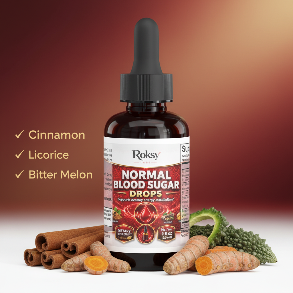 Roksy Normal Blood Sugar Drops bottle surrounded by natural ingredients including cinnamon sticks, licorice root, turmeric and bitter melon on a warm red and gold background, with text listing key ingredients