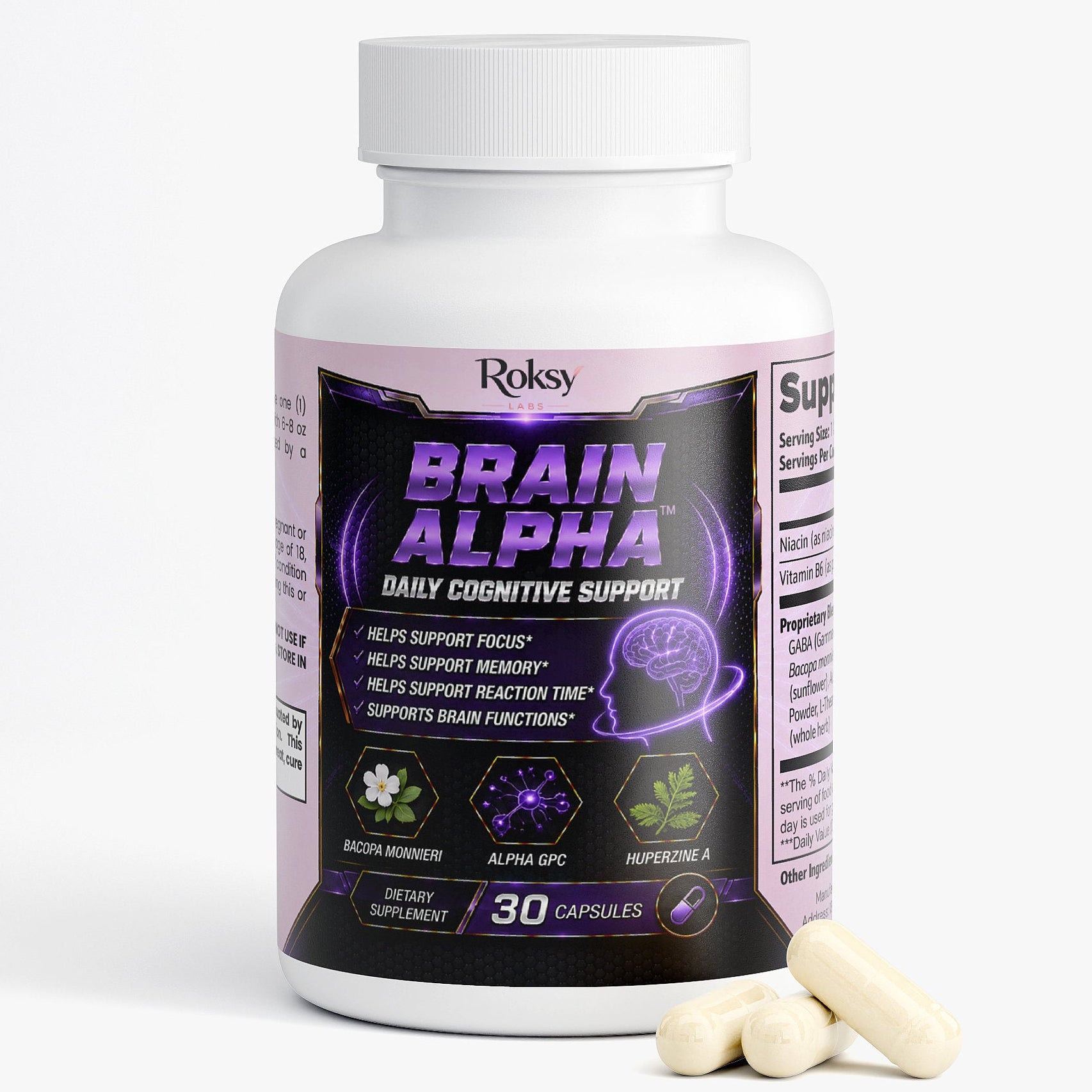 Roksy Brain Alpha 30 capsules brain health supplement for daily cognitive support and memory enhancement